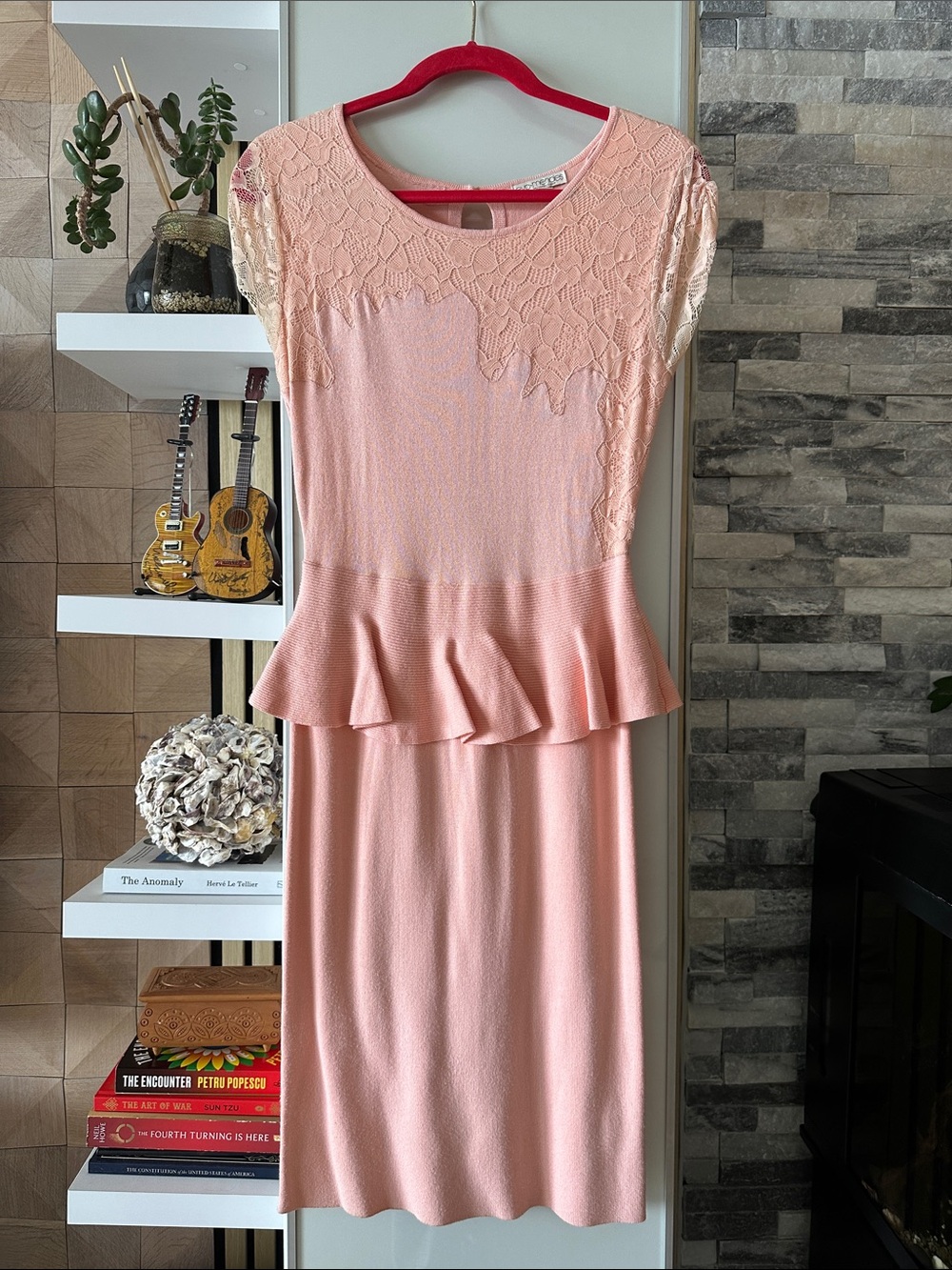 eva mendes for New York & Company Peach Lace-Peplum Midi Dress